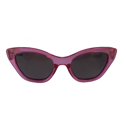 Womens sunglasses with pink frame and bamboo arms.