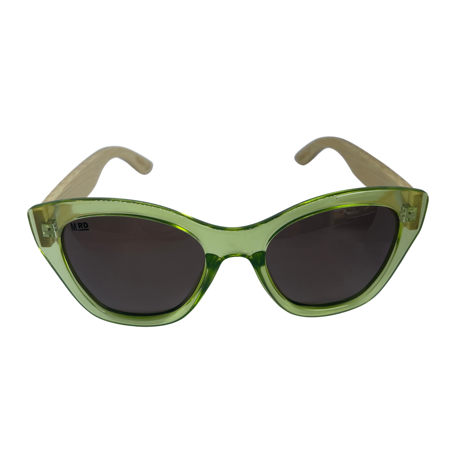 Womens sunglasses with light green frame and bamboo arms.