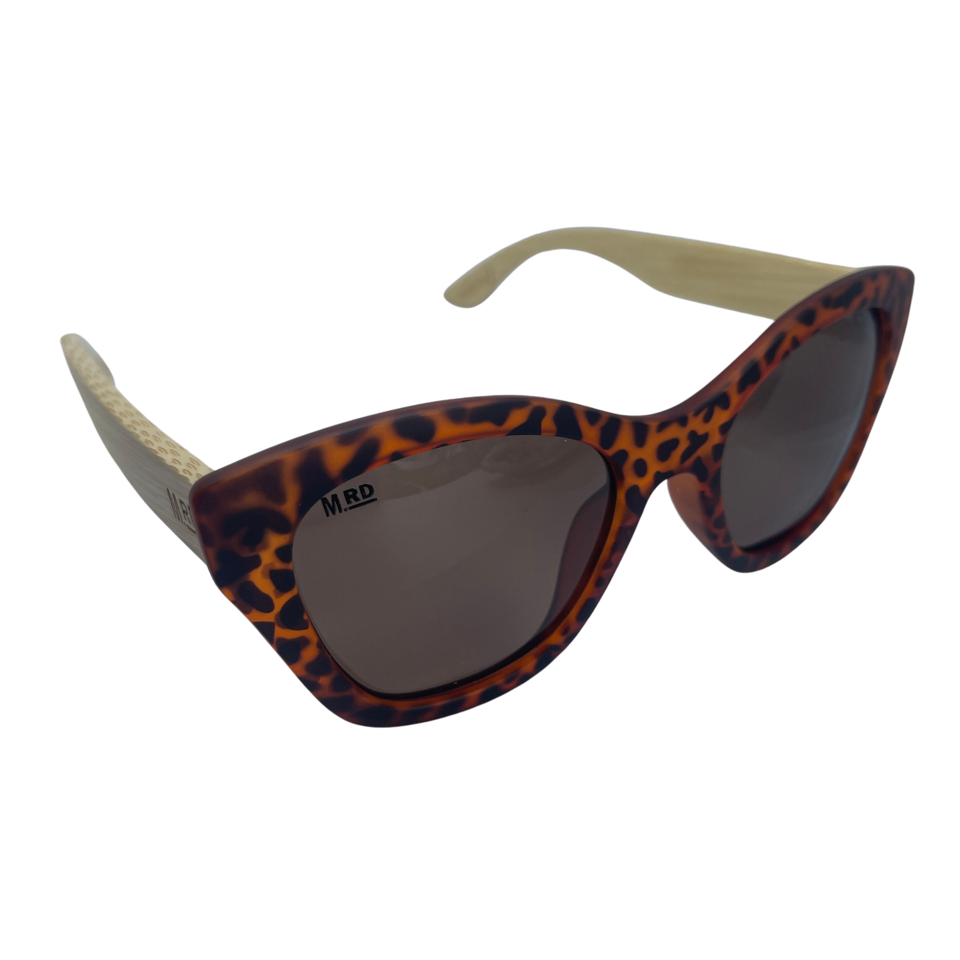 Womens sunglasses with tortoiseshell frame and bamboo arms.