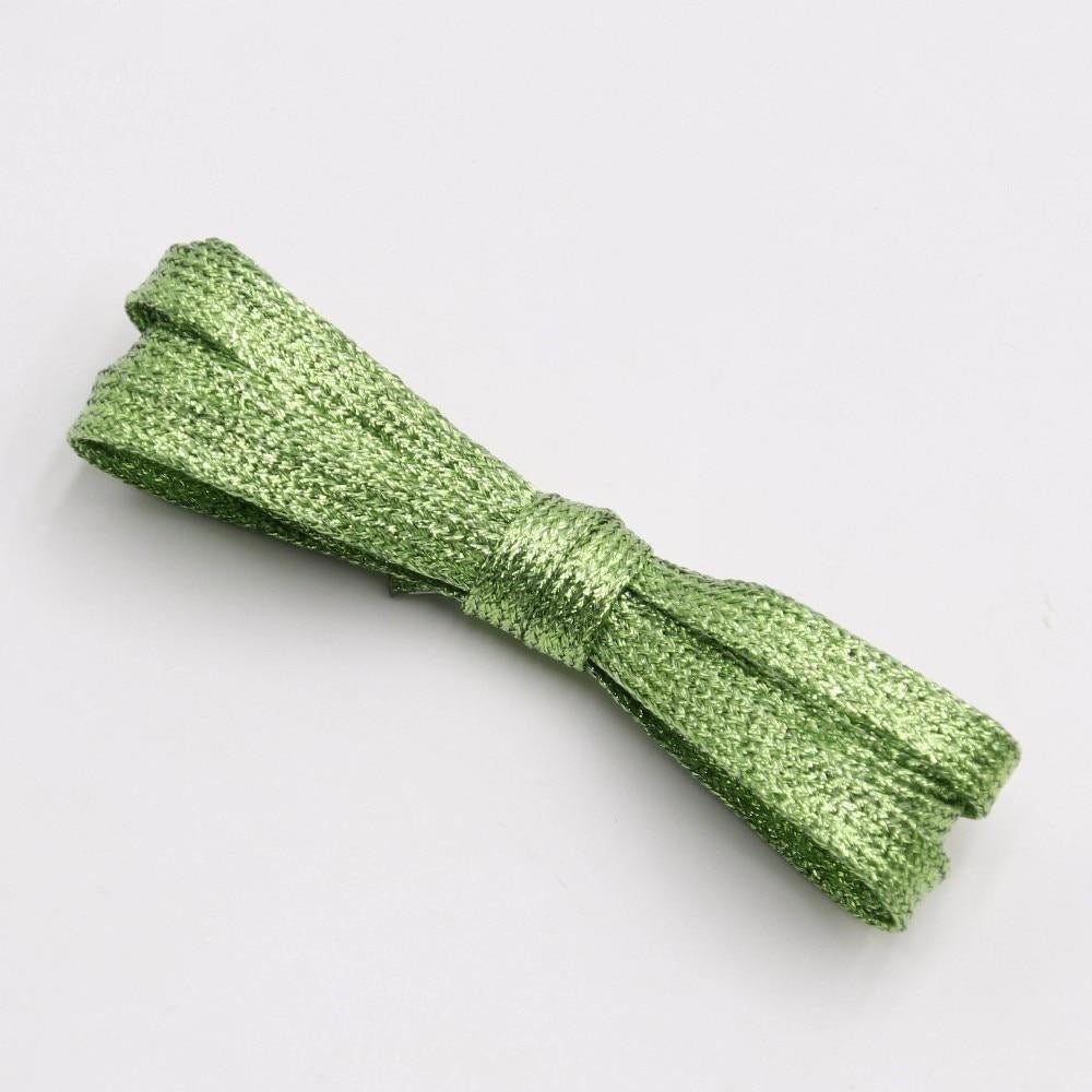 Green metallic shoelaces.