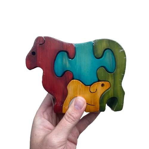 Coloured wooden sheep puzzle with mum and baby sheep.