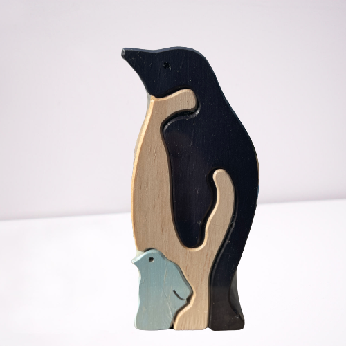 Wooden penguin puzzle with an adult and chick penguin.