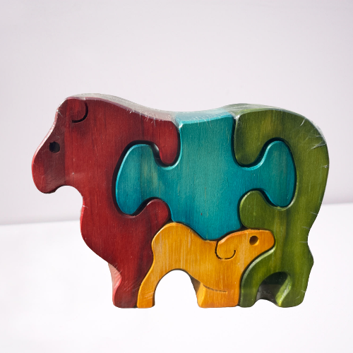 Coloured wooden sheep puzzle with mum and baby sheep.