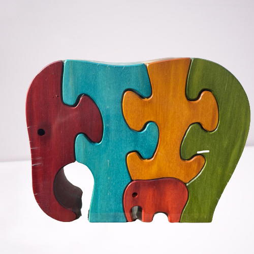 Coloured wooden elephant puzzle with adult and baby elephants.