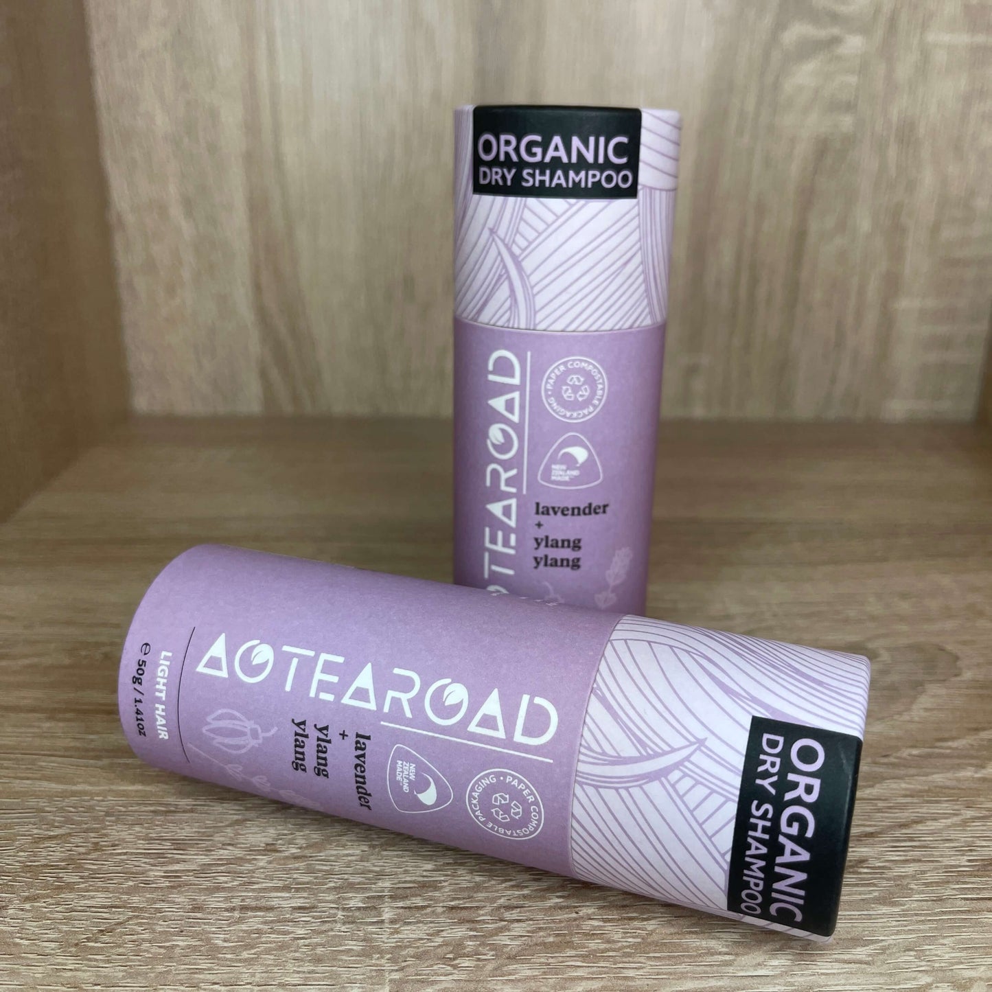 Organic dry shampoo for light hair in a cardboard tube from Aotearoad.