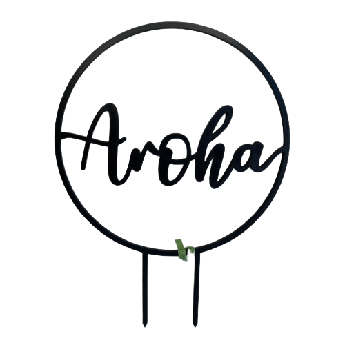 Hoop plant climbing frame with the word Aroha in  the middle.