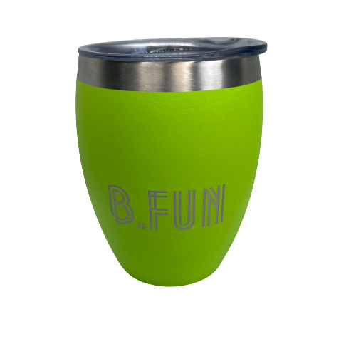 Lime green stainless coffee mug with B.FUN engraved into it.