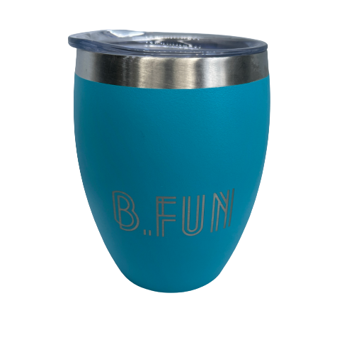 Turquoise stainless coffee mug with B.FUN engraved into it.