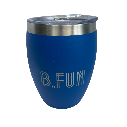 Bright blue stainless coffee mug with B.FUN engraved into it.