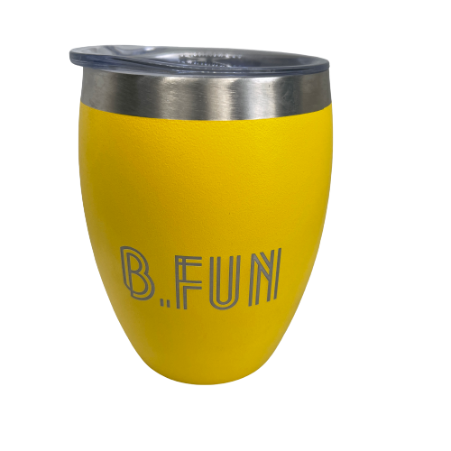 Bright yellow stainless coffee mug with B.FUN engraved into it.