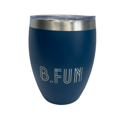 Navy blue stainless coffee mug with B.FUN engraved into it.