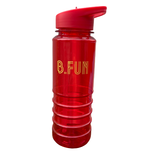 Bright red plastic sports water bottle with B=Fun printed on it.