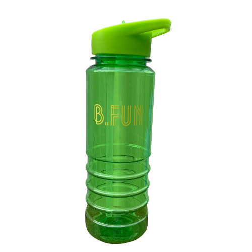 Bright green plastic sports water bottle with B=Fun printed on it.