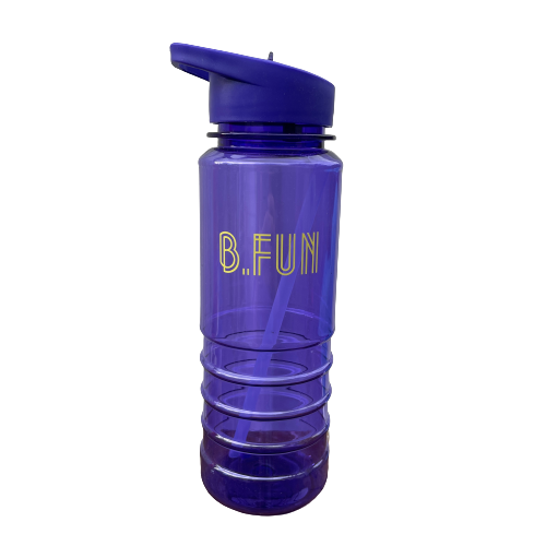 Bright purple plastic sports water bottle with B=Fun printed on it.