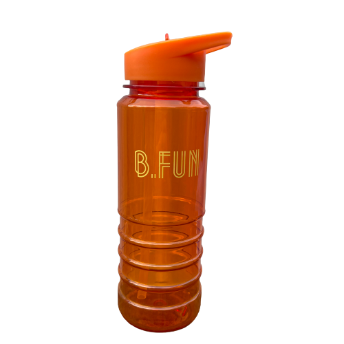  Bright orange plastic sports water bottle with B=Fun printed on it.