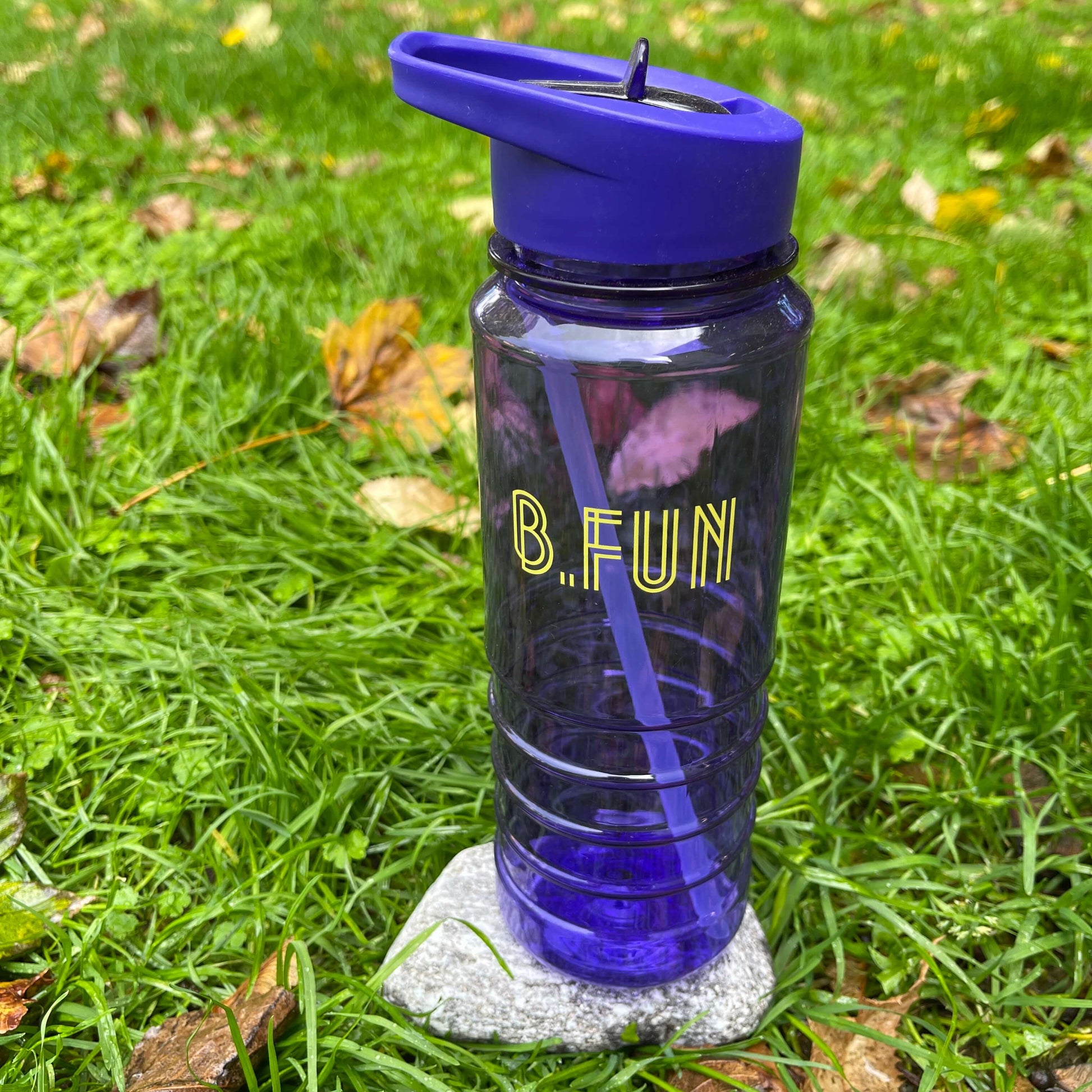 Bright purple plastic sports water bottle with B=Fun printed on it sitting on a rock in the grass.