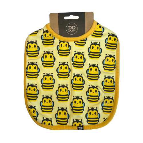 Baby bib with bees on it.