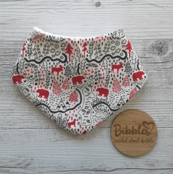 Cartoon style Red and Green woodland theme bib for babies made by Bibbles