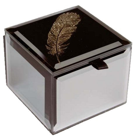 Square trinket box with black lid and gold glitter feather printed on the lid.