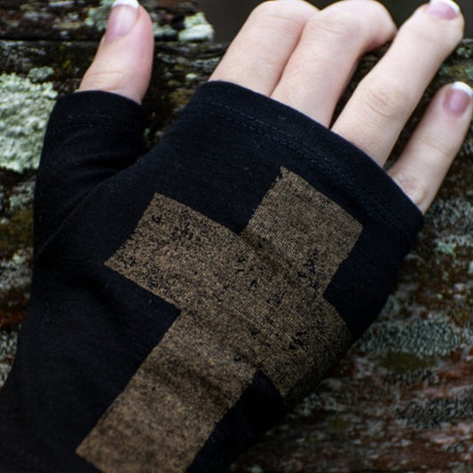Black merino fingerless glove with bronze cross.