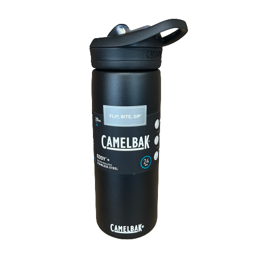 Stainless steel camelbak drink bottle in black.