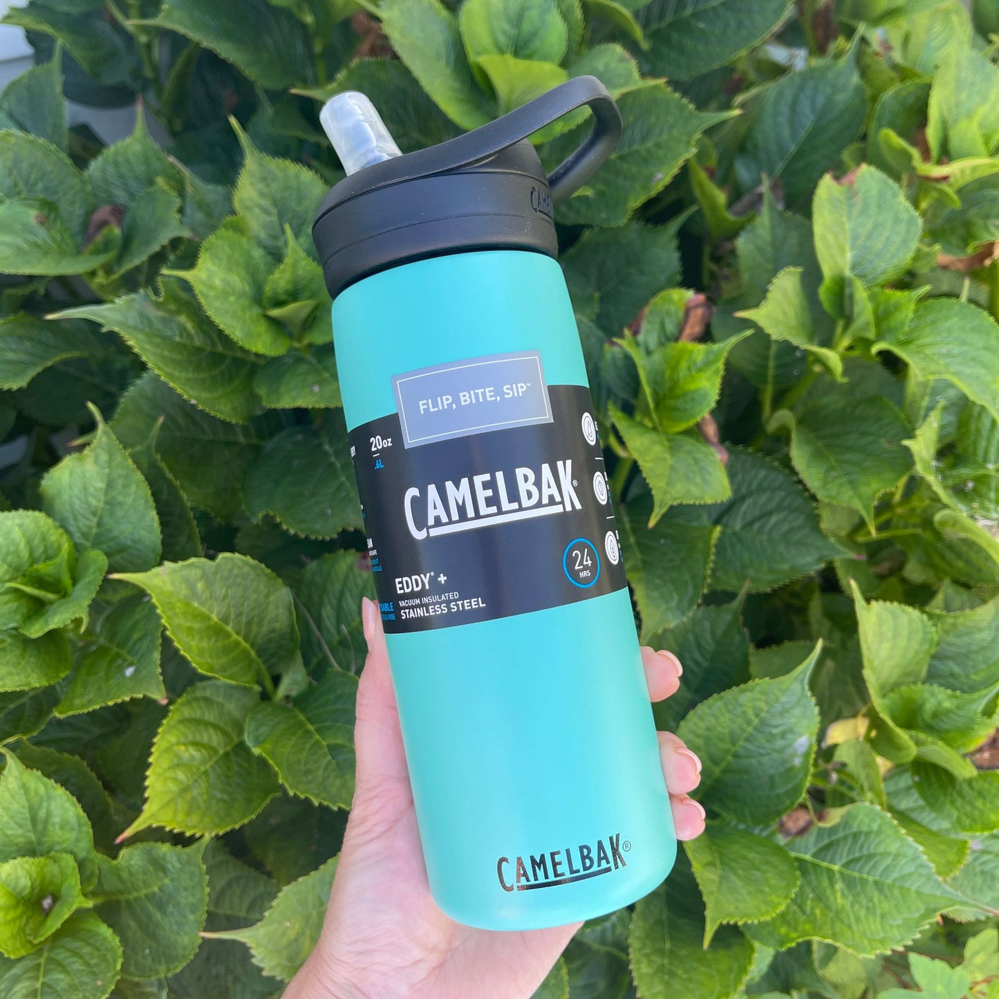 Camelbak stainless steel drink bottle in Coastal blue green colour.