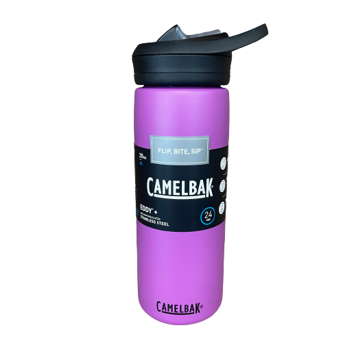 Stainless steel camelbak drink bottle in magenta pink.