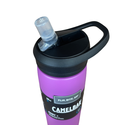 Stainless steel camelbak eddy plus drink bottle in magenta pink with sipper open.