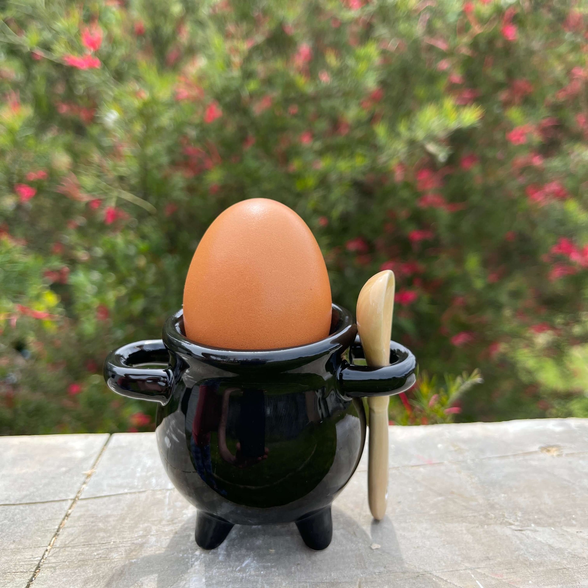 Black ceramic cauldron shaped egg cup with ceramic broom spoon.
