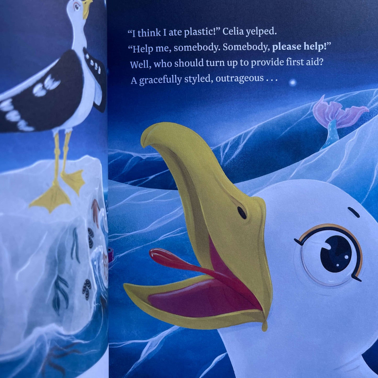 Page from childrens book Celia Seagull and the Plastic Sea by Nicole Miller.