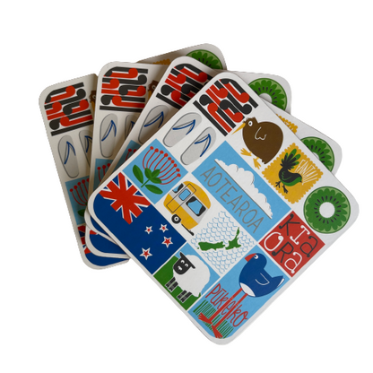 Set of four coasters featuring kitsch style Kiwiana images.