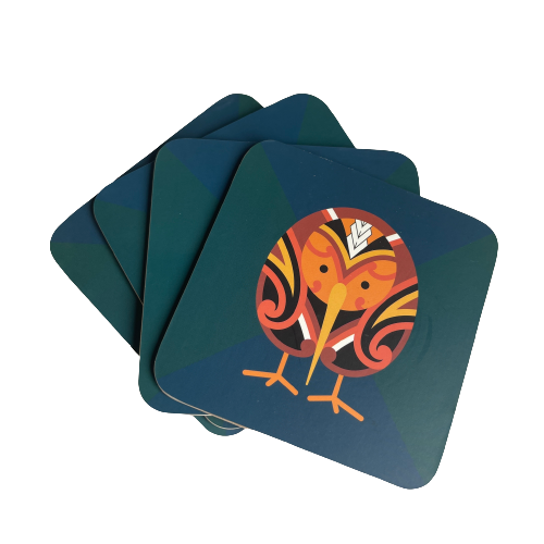 Set of coasters with Maori designed Kiwi bird on them.