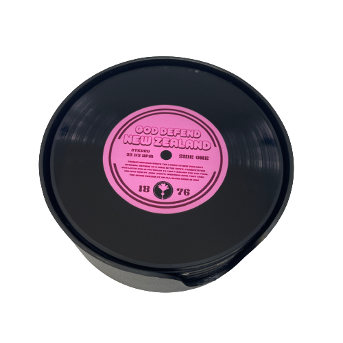 Container holding LP record shaped coasters with New Zealand song titles.