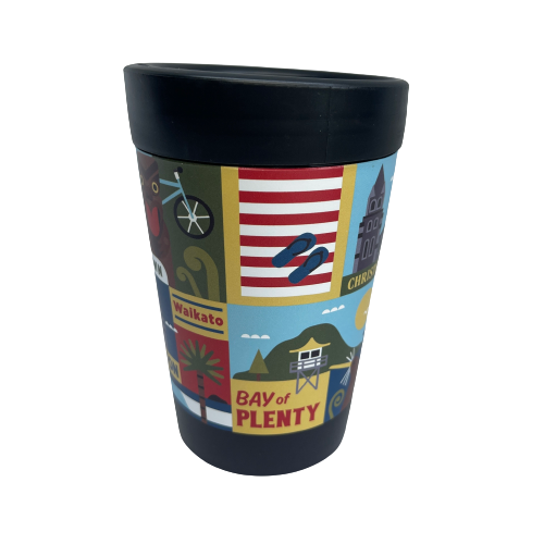 Reusable coffee cup in black with artist images of New Zealand towns wrapped around it.