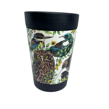 Black reusable coffee cup wrapped with beautiful drawings of New Zealand birds.