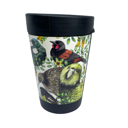 Black reusable coffee cup wrapped with beautiful drawings of New Zealand birds.