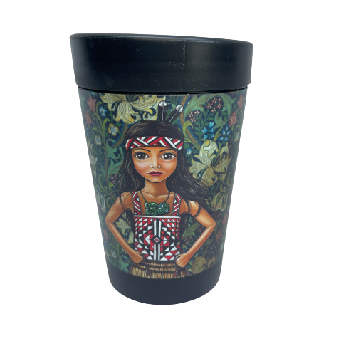 Black reusable coffee cup featuring a floral wrap and featuring an artists image of a young Māori girl.