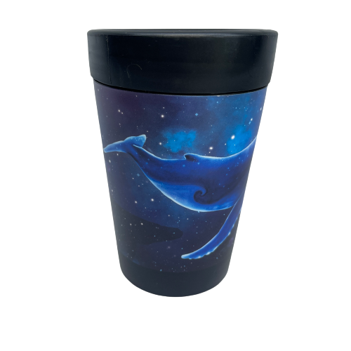 Black reusable coffee cup with blue galaxy wrap featuring a Humpback whale tail.