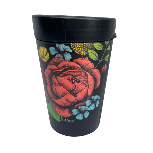 Black reusable coffee cup with bright bold flowers wrapped around it.