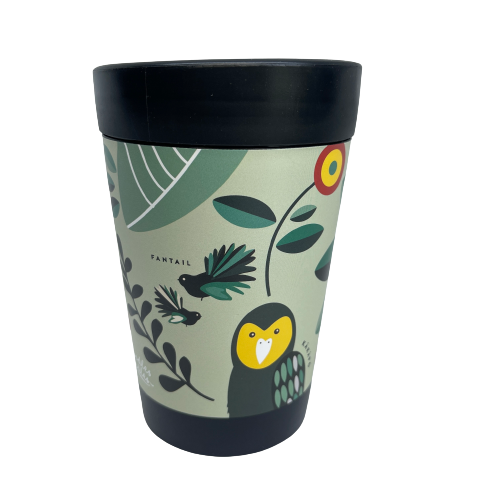 Black reusable coffee cup featuring New Zealand birds in a cartoon style on a minty green wrap background.