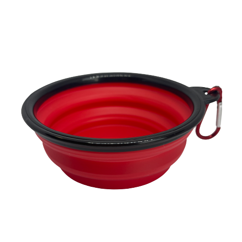 Red silicone collapsible dog bowl.