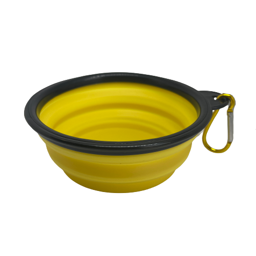 Yellow silicone collapsible dog bowl.