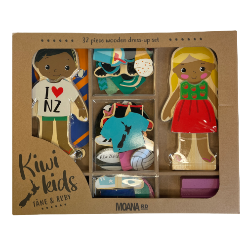 Wooden magnetic kids dress up figurines and various additional clothing pieces.