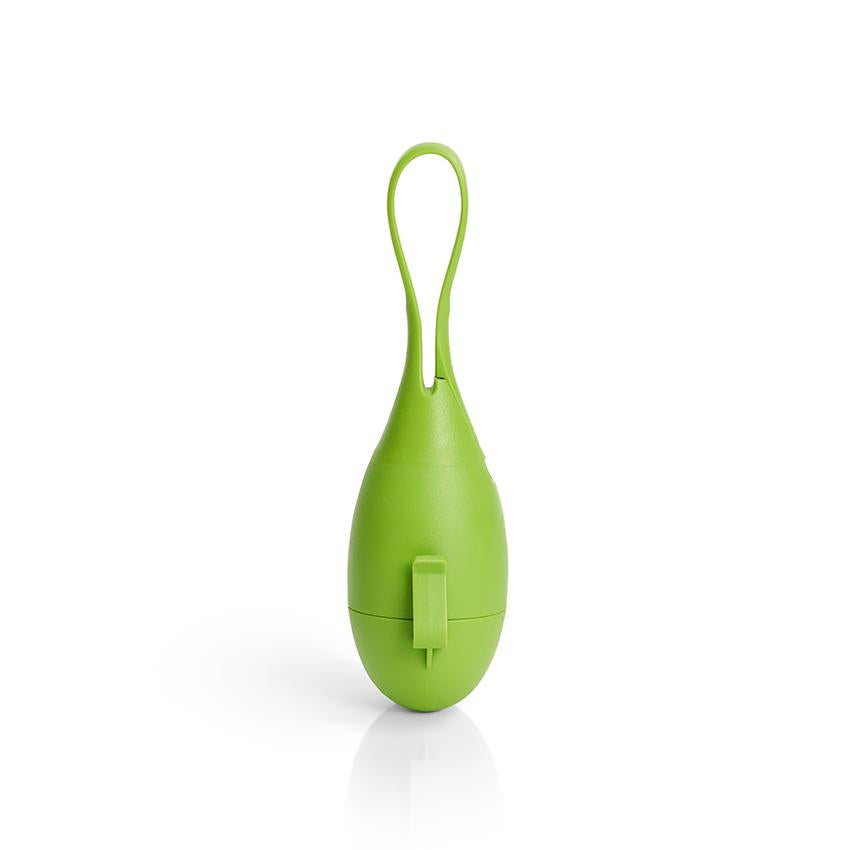 Bright green silicone tea drop shaped dog poo bag dispenser showing the back with the clip for holding full bags.