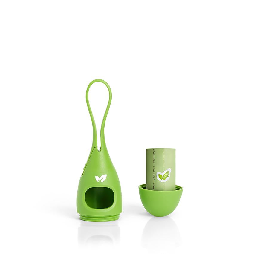 Bright green silicone tea drop shaped dog poo bag dispenser showing what it looks like when separated for refilling with new bags.
