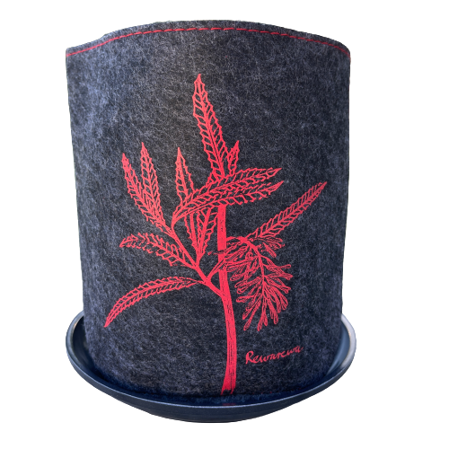 Dark grey felt planter with a rewarewa plant printed on it in red and sitting in a grey dish.