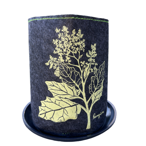 Dark grey felt planter with light green Rangiora flower print and sitting in a grey dish.