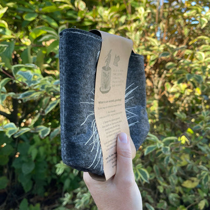 Dark grey felt planter with white toetoe plant printed on it sitting in a grey saucer. flat packed and wrapped with kraft paper.