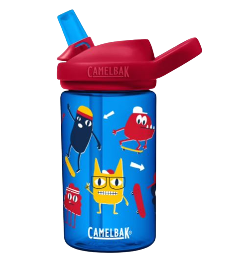 Blue, red and yellow kids drink bottle with skateboarding monster print.