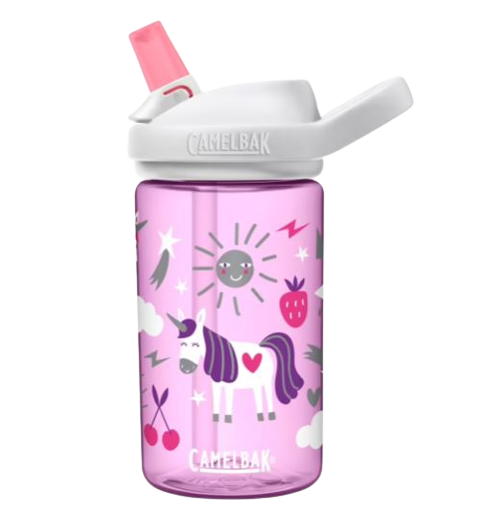 Purple, white and pink kids drink bottle with unicorn print by camelbak.